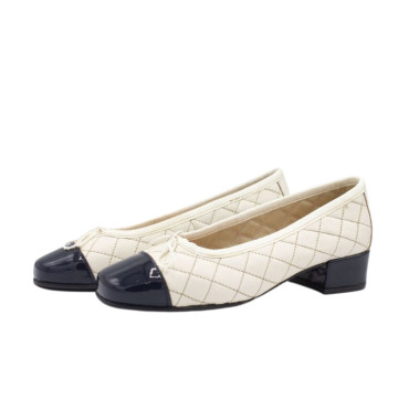 BAILARINA CON TACÓN MEDIO BEIGE-AZUL