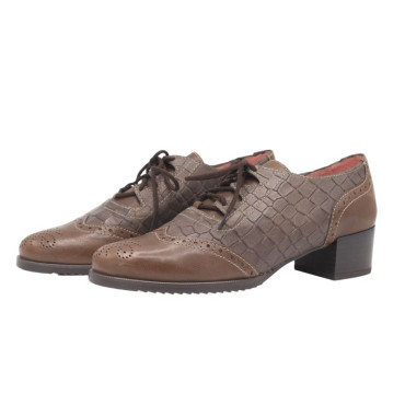 ZAPATOS CORDONES TACON PIEL Y COCO MARRON