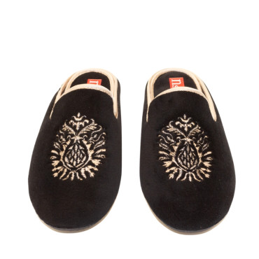 ZAPATILLA CHINELA TERCIOPELO BORDADO NEGRO