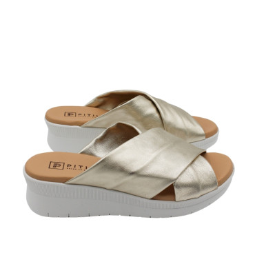 CUÑA DESTALONADA DE EMPEINE CRUZADO METALIZADO ORO