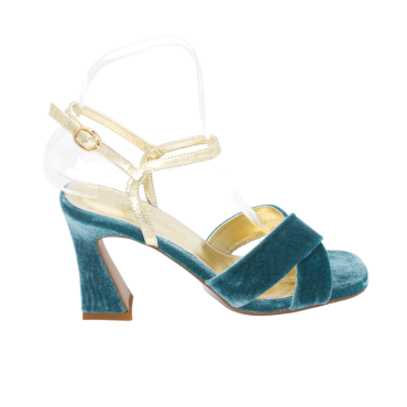 SANDALIA CON TIRAS CRUZADAS Y TACÓN ALTO AZUL