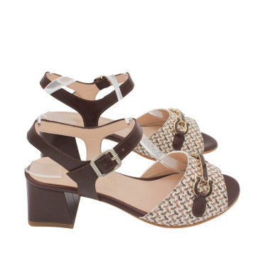 SANDALIA TACON MEDIO PIEL DECORADA MARRON